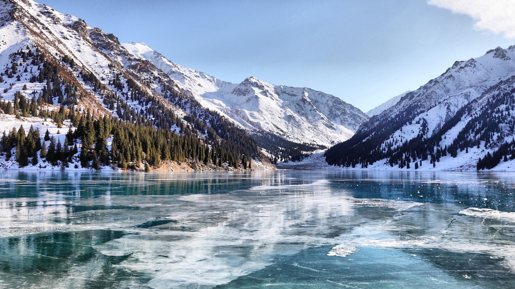 Frozen lake in Almaty region